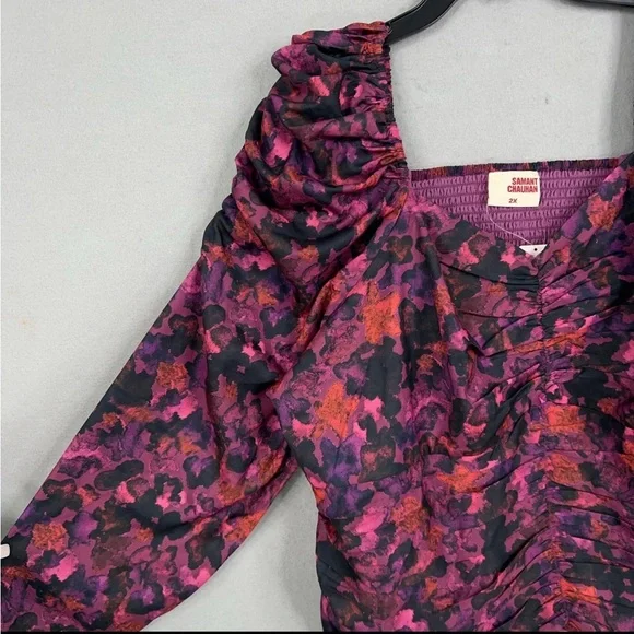 Anthropologie Samant Chauhan Blouse 2X Purple Floral Puff Square Ruched NWT - Picture 6 of 15